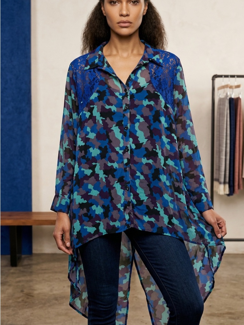 Sheer Blue Camouflage Button-Down Hi-Low Blouse